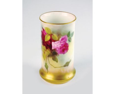 A Royal Worcester spill vase, dated 1919, painted with roses by E.M Fildes, signed, shape 2510, printed factory mark in blue,