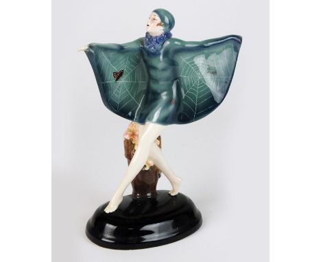 Josef Lorenzl for Goldscheider, 'The Captured Bird' (Butterfly Girl), an Art Deco pottery model, circa 1925, modelled as a fe