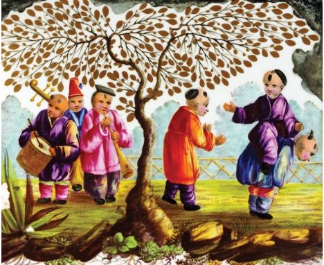 An English porcelain plaque, attributed to AJ Baker, 19th century, painted with a variety of Chinese boys playing musical ins