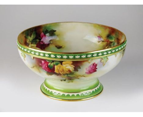 A Royal Worcester 'Hadley Ware' bowl, dated 1907, painted with roses to interior and exterior and with slight relief moulding