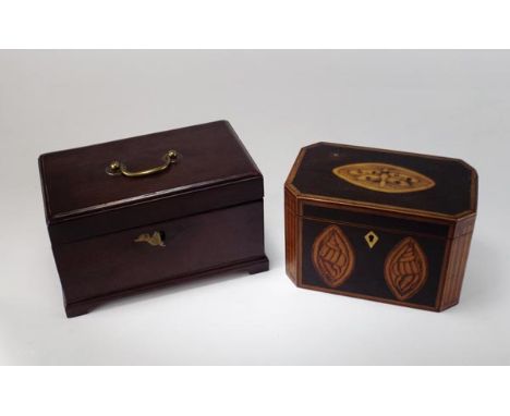 A George III Sheraton style inlaid tea caddy of rectangular form with canted corners, the lid with central moth inlay, the fr