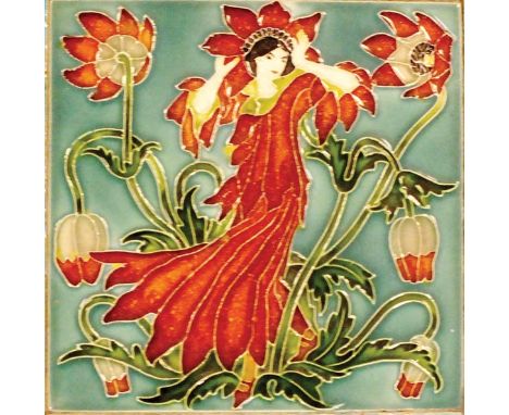 Walter Crane for Pilkington's Tile and Pottery Company, 'Flora's Train', a rare set of six relief-pressed tiles, circa 1900-1