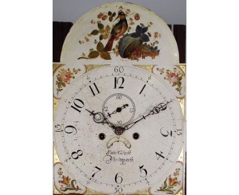 A late George III oak eight day longcase clock, the 12½ painted arched dial later signed 'Edw Glase, Bridgnorth', with centre