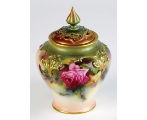 A Royal Worcester 'Hadley Roses' pot pourri jar and cover, dated 1905, shape 279, printed factory mark in green, 13.5cm high