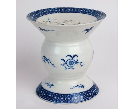 A very rare Caughley pounce pot, circa 1780-90, of distinctive 'Bobbin' form with bulbous centre and spreading rim and foot, 