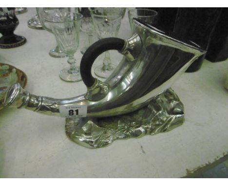 A LARGE VICTORIAN SILVER PLATED SPOON WARMER IN THE FORM OF A HUNTING HORN AND STAG WITH PATENT MARK