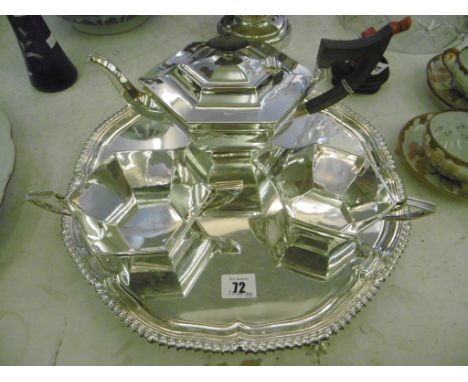 A WALKER AND HALL ART DECO PLATED TEA SET ON TRAY