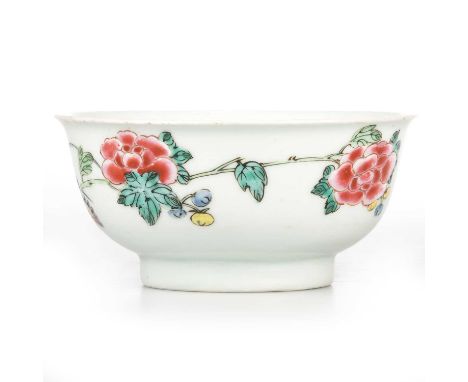 A CHINESE 'FLOWERS' BOWL, YONGZHENG MARK AND PERIOD circular, the thinly potted body enamel painted with floral blooms and gr