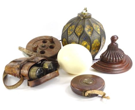 A collection of items, to include a Persian style papier mache globular table lamp, a mahogany Scarborough type fishing reel,