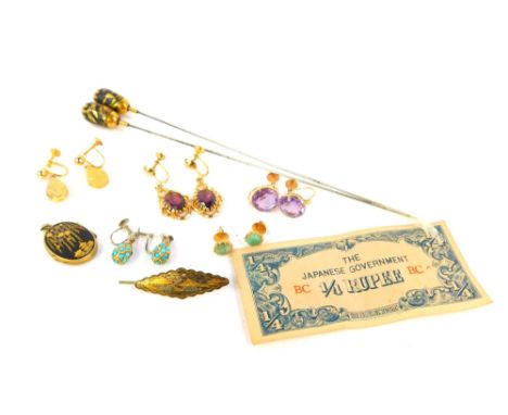 Various earrings, including amethyst and turquoise set, Japanese oval locket and hat pins, etc.