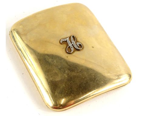 A 9ct gold cigarette case, of plain curved design, bearing embellished H initial to the front set with tiny diamonds, with in