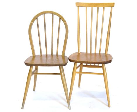 Two Ercol light elm and beech kitchen chairs, one with a shaped back, the other with a rectangular back, each with a solid se