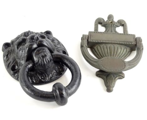 A Georgian style door knocker, with lions mask, the back with plain ring knocker, 15cm high, another neo classical design doo