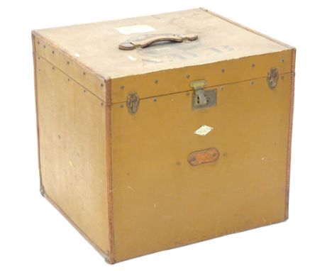 An early 20thC Maple and Company Limited brown canvas and leather trunk, bearing initials ADB, with leather handle, Western J