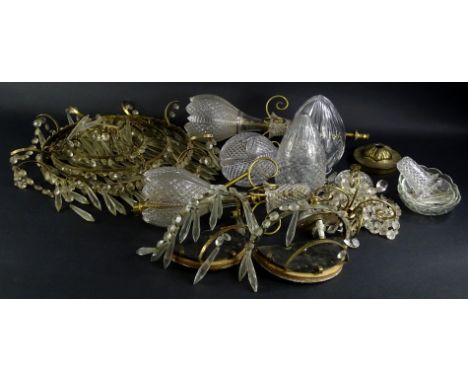 Miscellaneous light fittings, to include a ceiling light with cut glass drops and beads, incomplete wall light, other light f