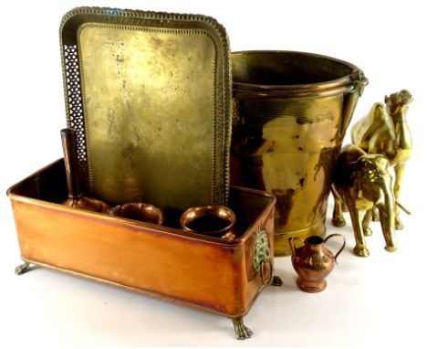 Various metalware, an early 20thC copper planter of rectangular form, 39cm wide, brassware, copper and brass bucket, camel fi