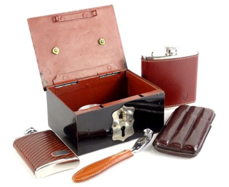 Miscellaneous items, to include a small tin and silver plated strong box, leather triple cigar case, Mondaine travelling cloc