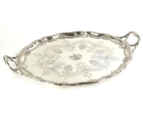 A Victorian Elkington &amp; Co oval two handled tray, with engraved and cast decoration in neo classical Adam revival style, 