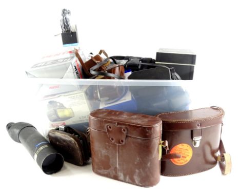 Various pairs of binoculars, Agfa camera lenses, Monix camera, etc.