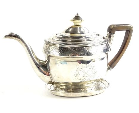 A George III Scottish silver teapot and stand, of oval form with horn knop and ebonised handle, bright cut engraving of acorn