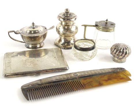 A collection of small silver etc., to include a coffee grinder, scent bottle lid, mustard pot with hinged lid, a silver colou