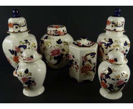 Various Mason's Ironstone Mandalay pattern pottery, comprising a pair of vases, 26cm high, another pair smaller and a lidded 