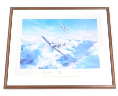 After Robert Taylor. Spitfire, artist signed print, also signed by Douglas Bader and Johnnie Johnson, first edition print, 50