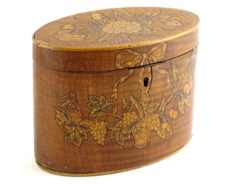 A George III maple tea caddy, of oval form, marquetry inlaid with various flowers and flower heads, with part foil interior, 