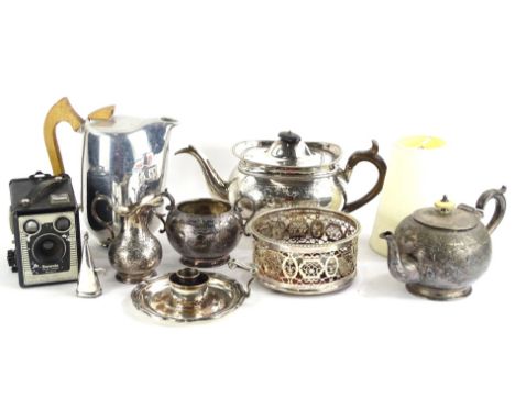 A collection of items, to include a 19thC silver plated teapot, with ebonised knop and fruitwood handle, a chamberstick with 