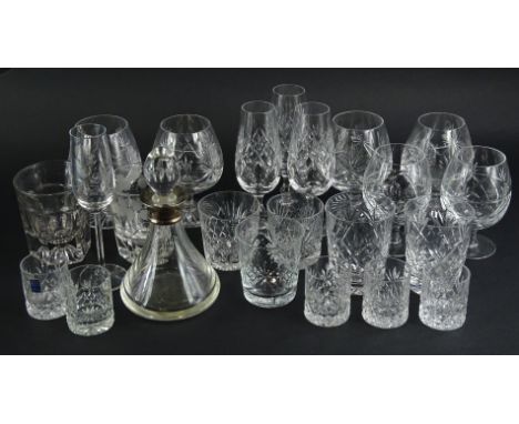 A quantity of cut glass, to include brandy glasses, champagne glasses, etc., two 19thC tumblers and a small spirit decanter w