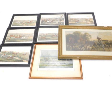 After Lionel Edwards. Hunting Scene, artist signed print with blind stamp, a set of six (19thC) prints after Bentley and anot