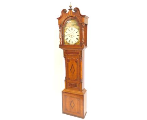 Pearce of Grantham. A mid 19thC longcase clock, the oak mahogany and rosewood cross-banded case with turned pillars, swan nec