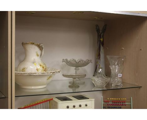 Shelf of glass, wash set etc.