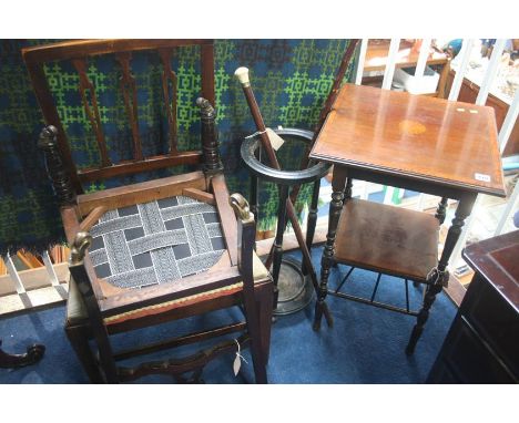 Two Edwardian chairs, stick stand and two sticks and an Edwardian occasion table