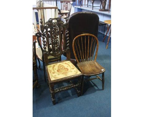 Carved oak hall chair and a stick back chair