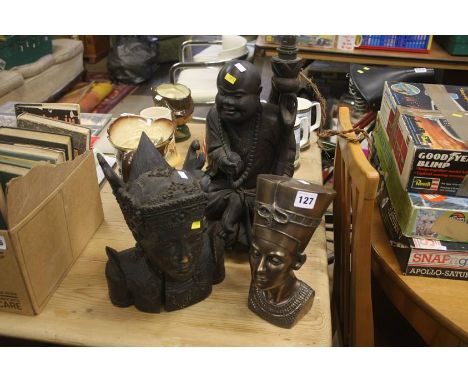 Carved wood Rootman lamp and a carved deity etc.