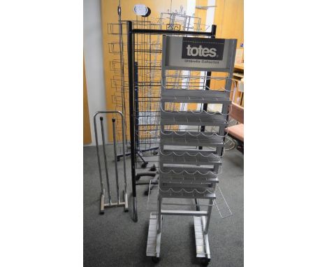 *2 revolving greetings card stands, Totes umbrella stand &amp; 2 other stands