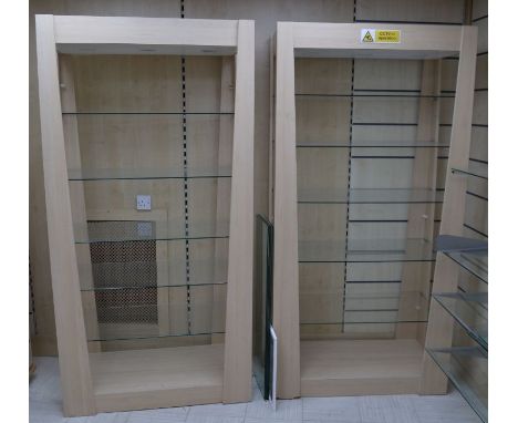 *2 large modern display units with glass shelves 200cm high x 100cm wide Shelf sizes 97cm by 49cm