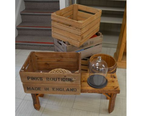 *4 advertising crates, small wooden bench, barrel &amp; glass display dome