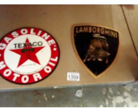 Cast iron Texaco Motor Oil sign and Lamborghini sign. UK P&amp;P Group 2 (£20+VAT for the first lot and £4+VAT for subsequent