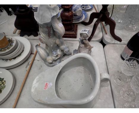 Lladro figurine of a seated girl, Spanish squirrel vase and a slipper bed pan. UK P&amp;P Group 2 (£20+VAT for the first lot 