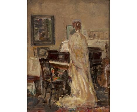 Dame Ethel Walker,&nbsp;British 1861-1951 -&nbsp;Portrait of a Lady in front of a piano (with 'Donkeys on the Beach in Robin 