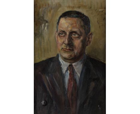Kurt Schwitters,  German 1887-1948 -   Portrait of a gentleman;   oil on panel, partially signed with initials, 61.5 x 40.5 c