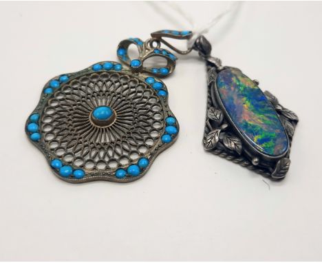 EARLY SILVER &amp; OPAL PENDANT WITH  TURQUOISE PENDANT