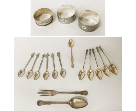 H/M SILVER NAPKIN RINGS &amp; FORK - 226 GRAMS APPROX 