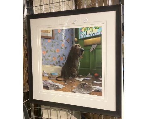 STEPHEN MORLEY ''MORNING NEWS TOBY DOG'' PRINT - FRAMED - 46 CMS  (SQUARE)