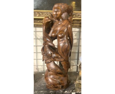 HAND CARVED HARDWOOD FIGURAL SCULPTURE OF LADY &amp; DOLPHINS A/F 67CMS (H) APPROX
