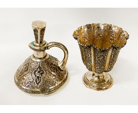 INDIAN SILVER ORNITHOLOGICAL DECANTER &amp; CUP - 582 GRAMS APPROX
