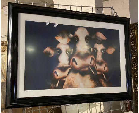 CAROLINE SHOTTON ''THE STEAKS ARE HIGH'' FRAMED LTD EDITION PRINT 57/195 WITH COA - 45.5 X 68 CMS INNER FRAME APPROX