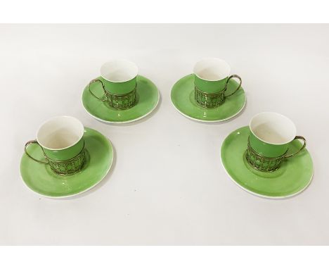 SET OF FOUR SILVER &amp; GREEN PORCELAIN CUPS &amp; SAUCERS